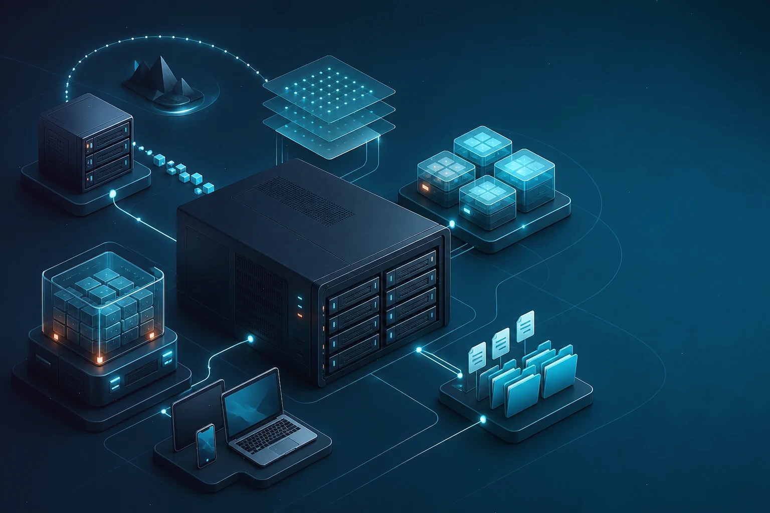 Isometric network gateway connecting firewall rules, VPN tunnels, VLANs, and client devices
