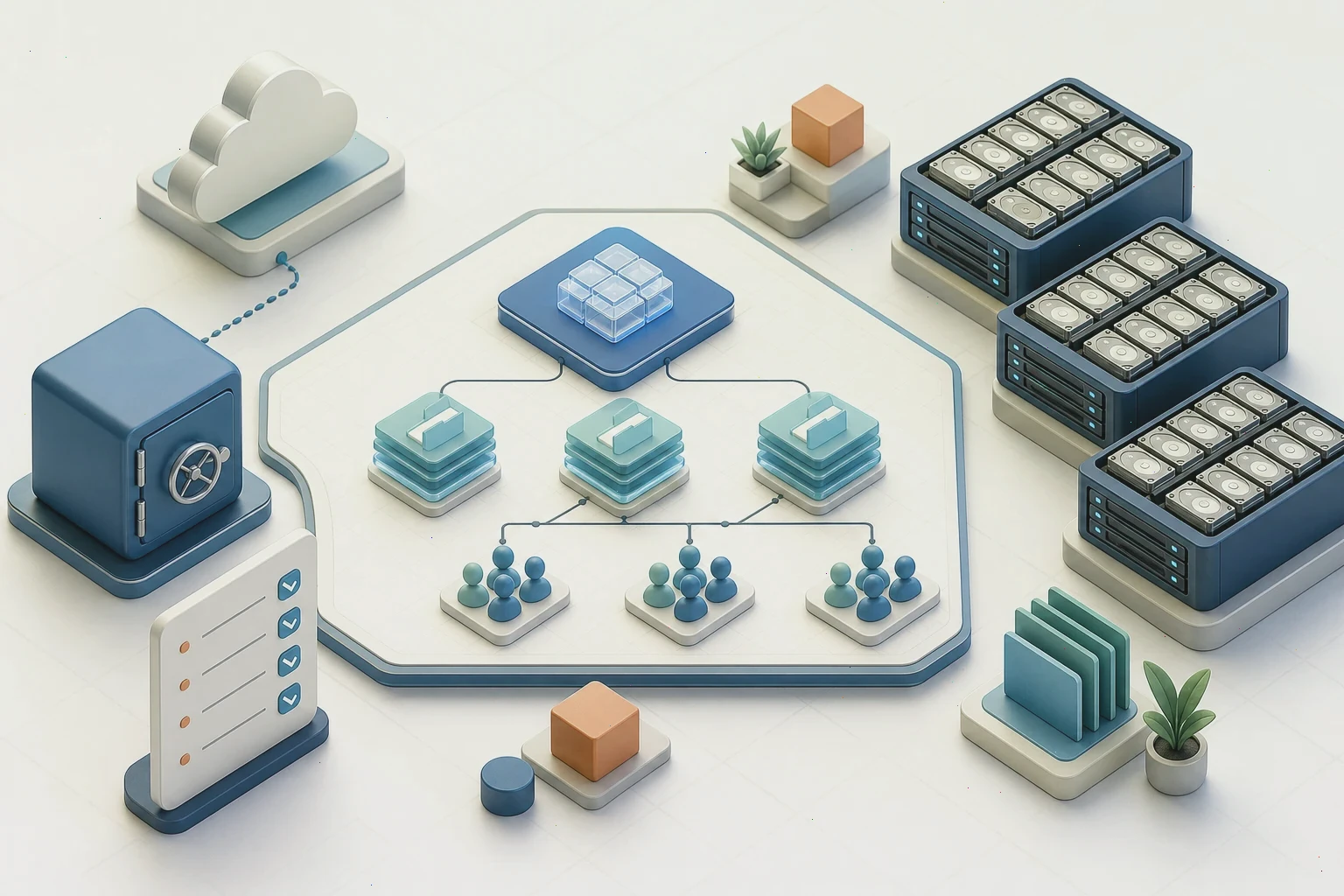 Isometric network planning board with firewall zones, VPN tunnels, VLANs, rules, and a checklist